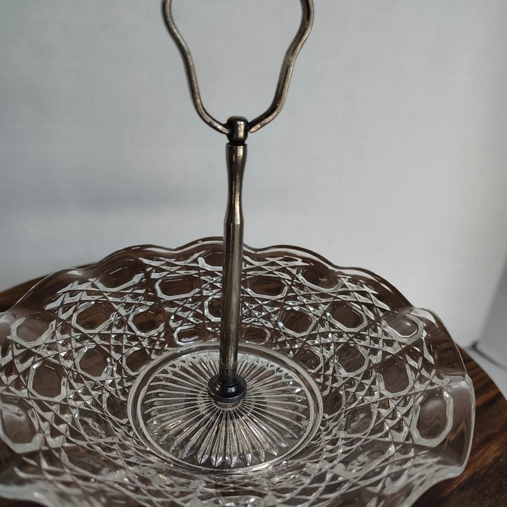 Glass Tidbit Tray Candy Dish W Silver Plated Handle England Jewelry Display Dish